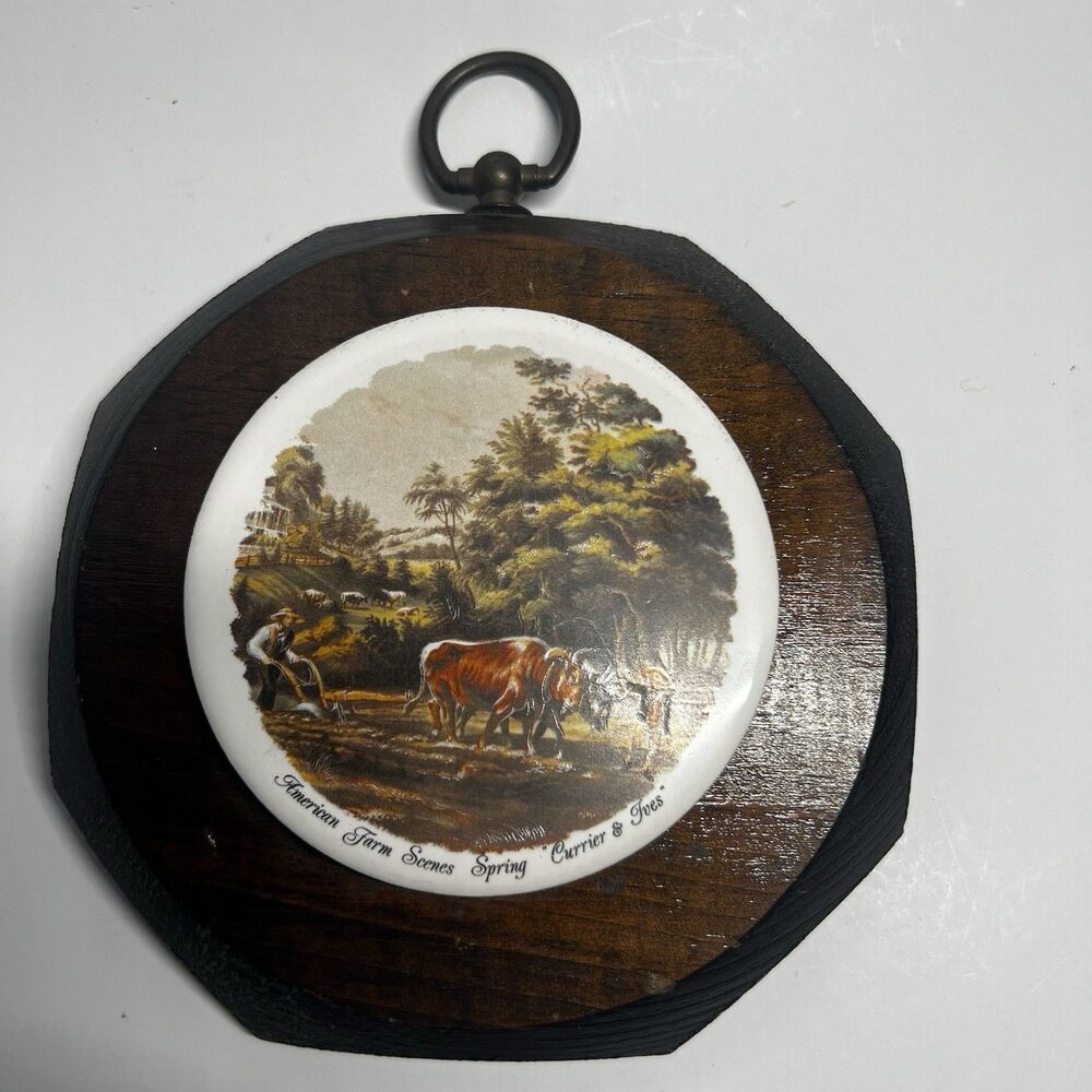Vintage Currier & Ives American Farm Scenes Spring Wooden Mounted Ceramic Plaque
